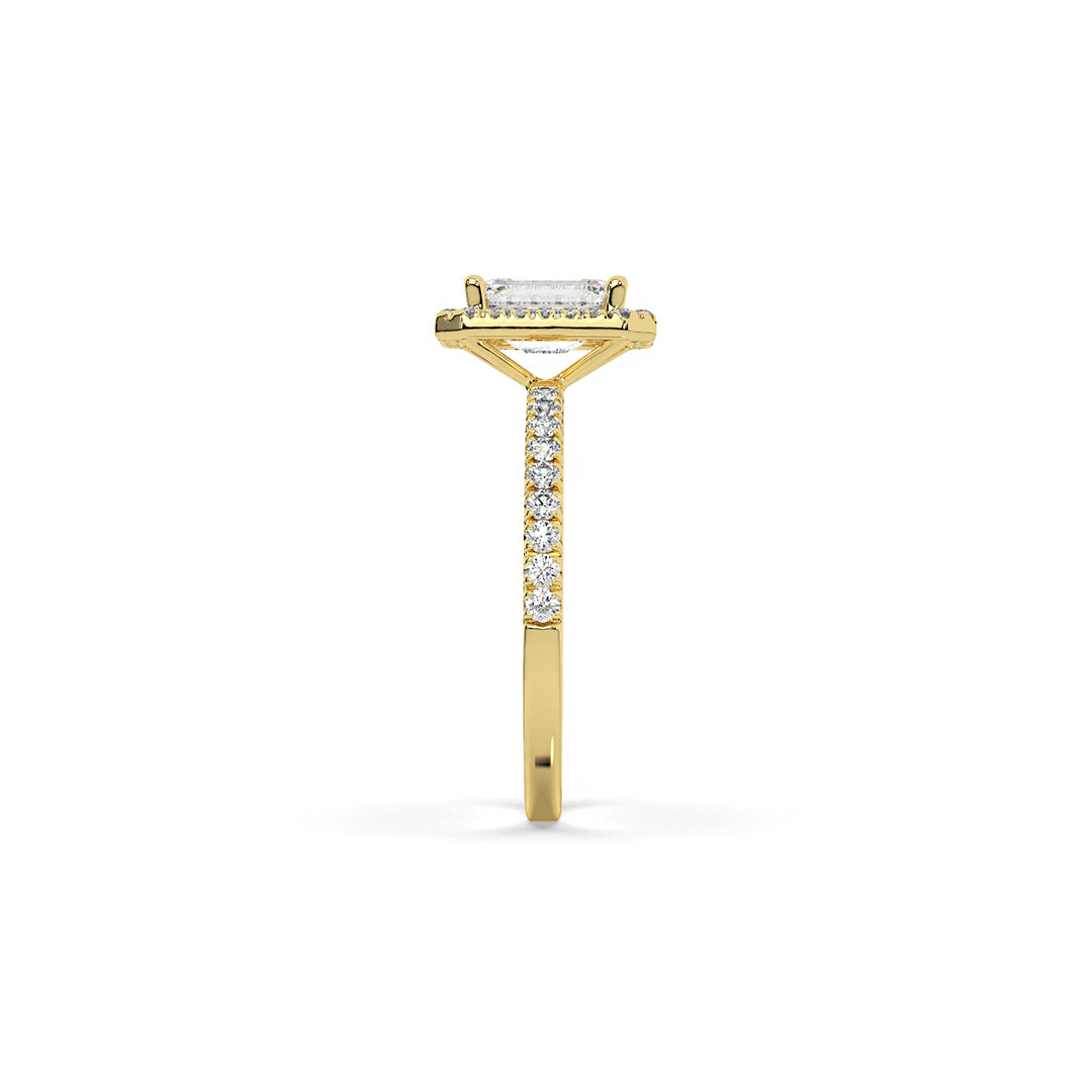 Emerald-Cut Diamond Halo Ring with Pavé Band