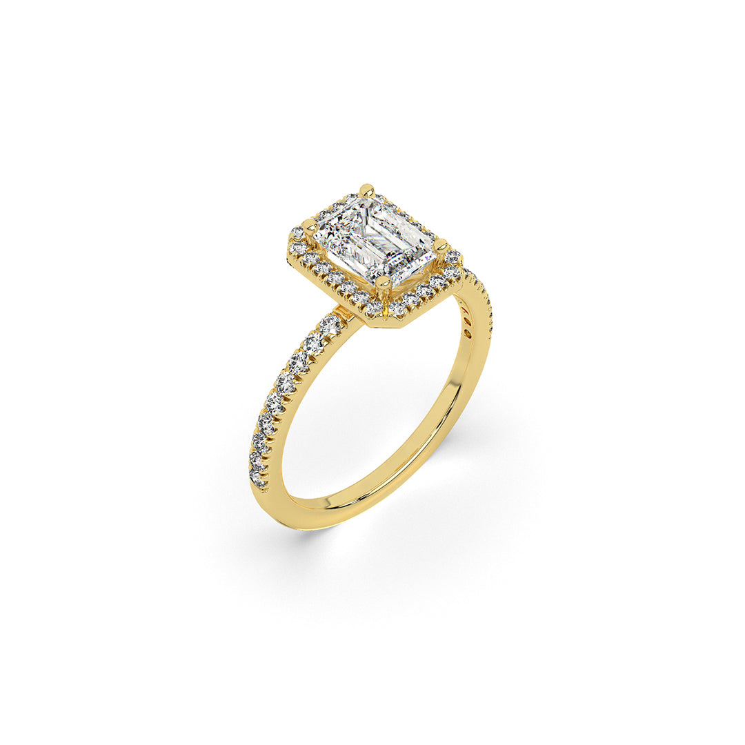 Emerald-Cut Diamond Halo Ring with Pavé Band