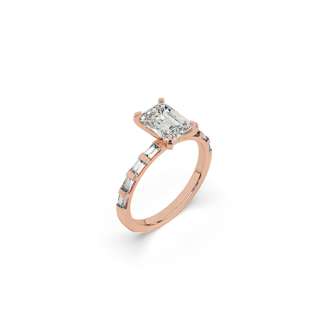 Emerald-Cut Diamond Ring with Baguette Diamonds Band