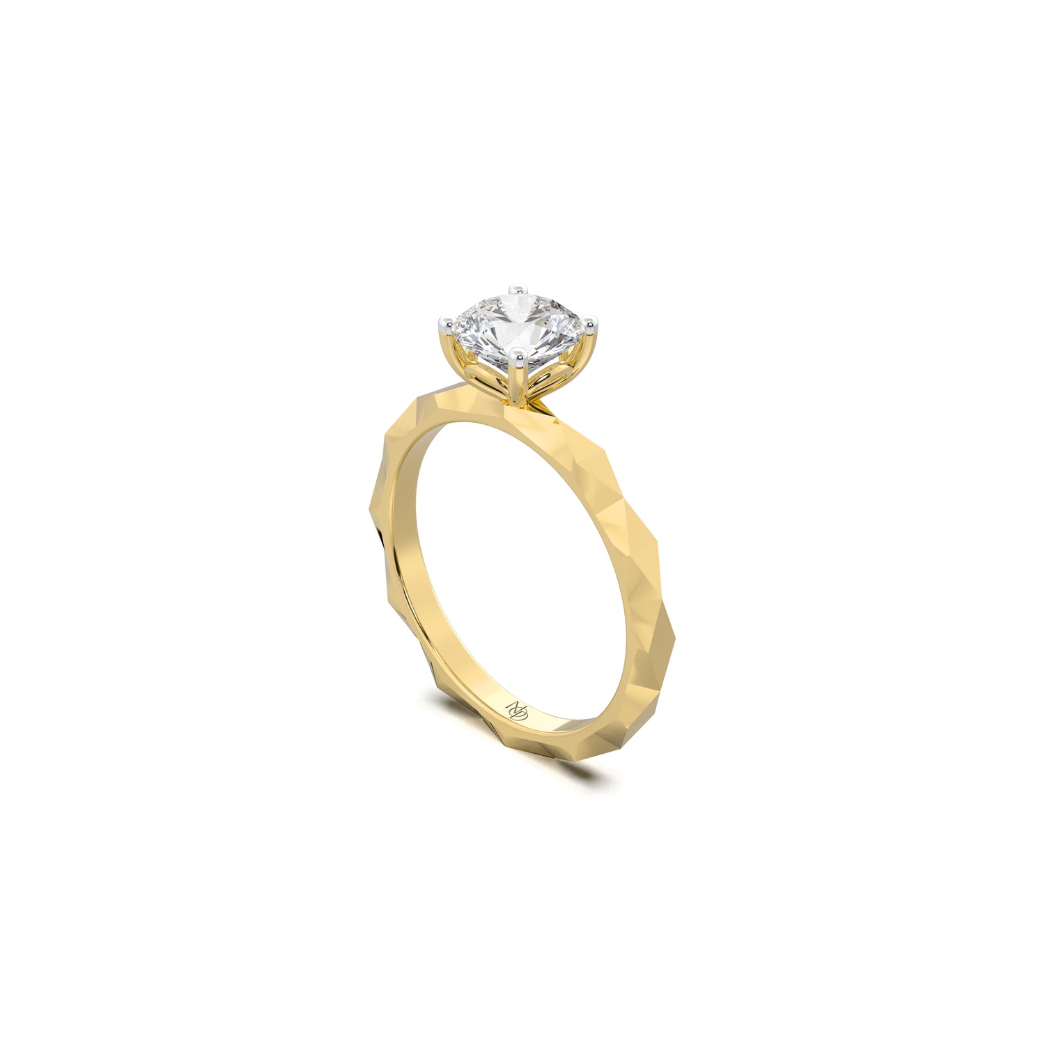 Faceted Band Ring with a Round Solitaire